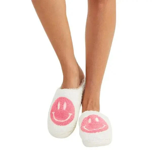 Smiley Face Plush Slippers for Indoors & Outdoors - Pink & White (Multiple Sizes) - Image 6